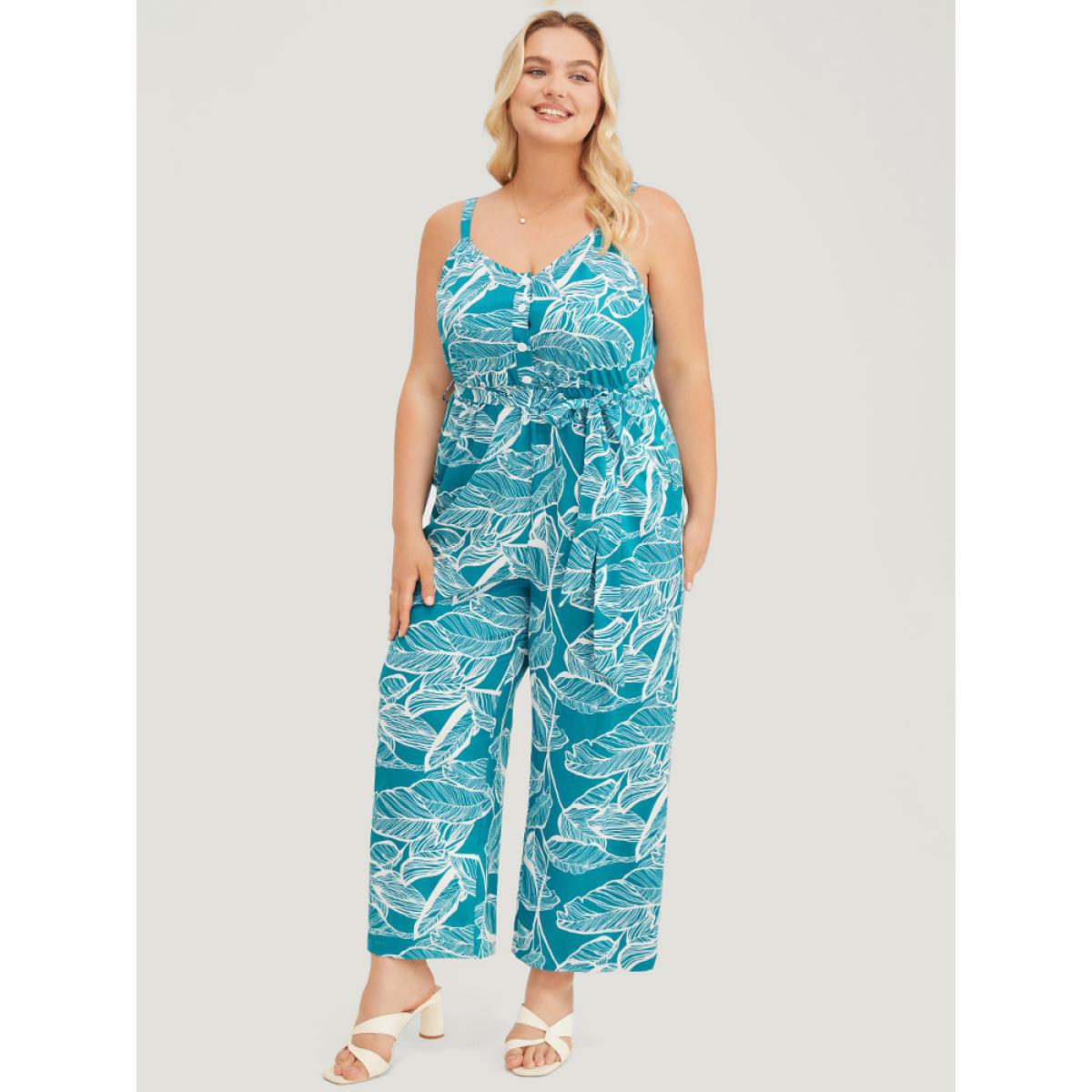 Plus Size Emerald Plant Print Button Through Pocket Belt Cami Jumpsuit Women Vacation Sleeveless Spaghetti Strap Dailywear Loose Jumpsuits BloomChic 12/L Product Image