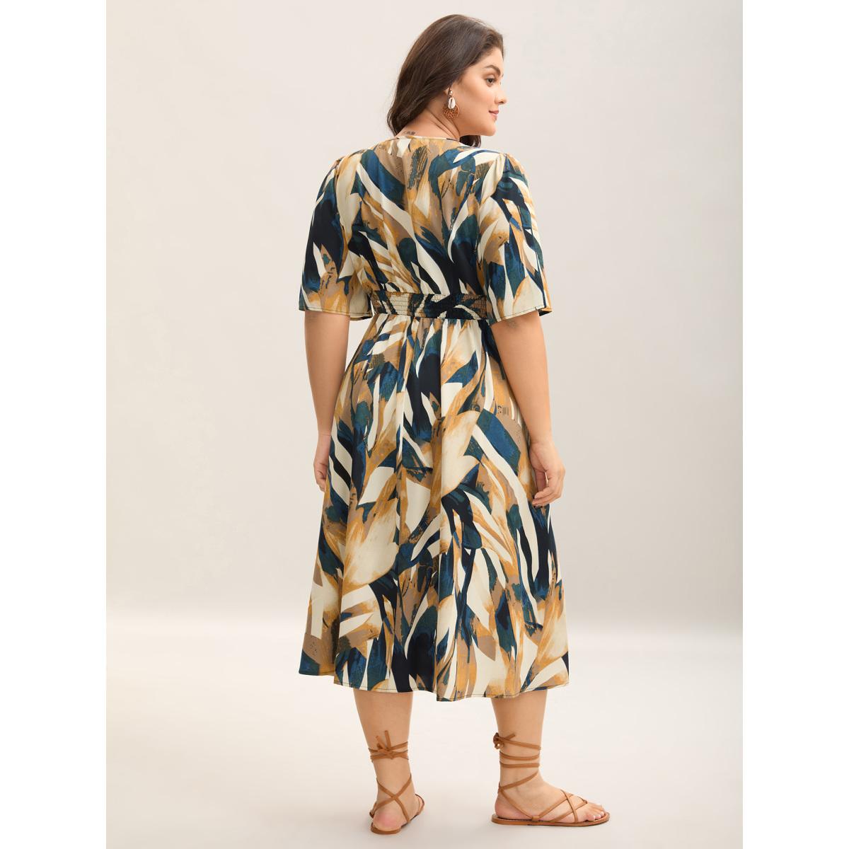 Plus Size Abstract Print Triangular Waist Midi Dress Multicolor Women Button Overlap Collar Short sleeve Curvy BloomChic 22-24/3X Product Image