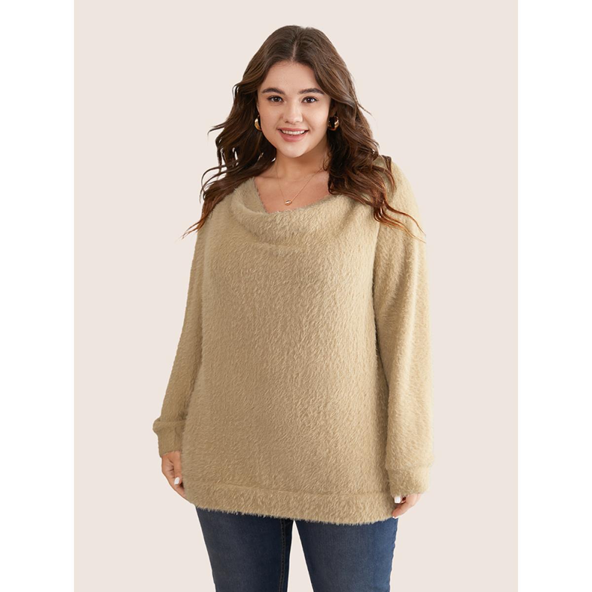 Plus Size Fuzzy Plain Cowl Neck Sweatshirt Women Tan Casual Texture Cowl Neck Dailywear Sweatshirts BloomChic 12/L Product Image