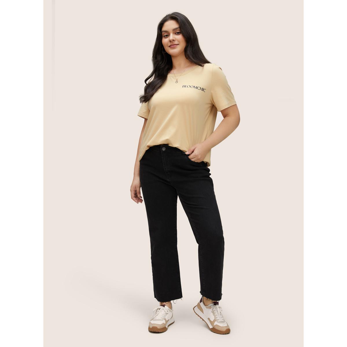 Plus Size BLOOMCHIC Basic Solid Crew Neck T-shirt Apricot Women Casual Non Positive slogan Everyday T-shirts BloomChic 14-16/1X Product Image