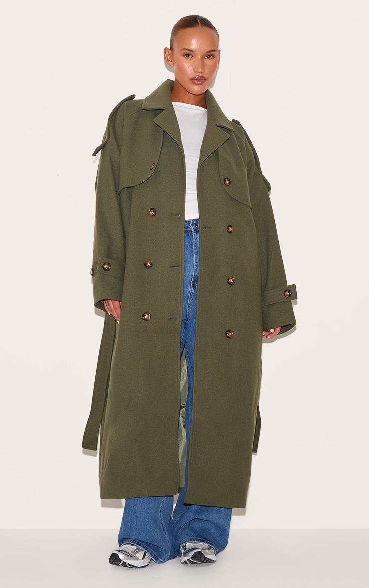 Plus Khaki Oversized Double Breasted Military Trim Coat Product Image