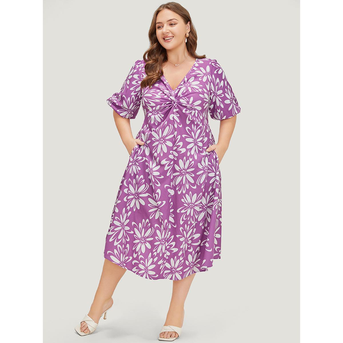 Plus Size Floral Print Puff Sleeve Pocket Twist Front Dress Lilac Women Elegant V-neck Short sleeve Curvy Midi Dress BloomChic 22-24/3X Product Image