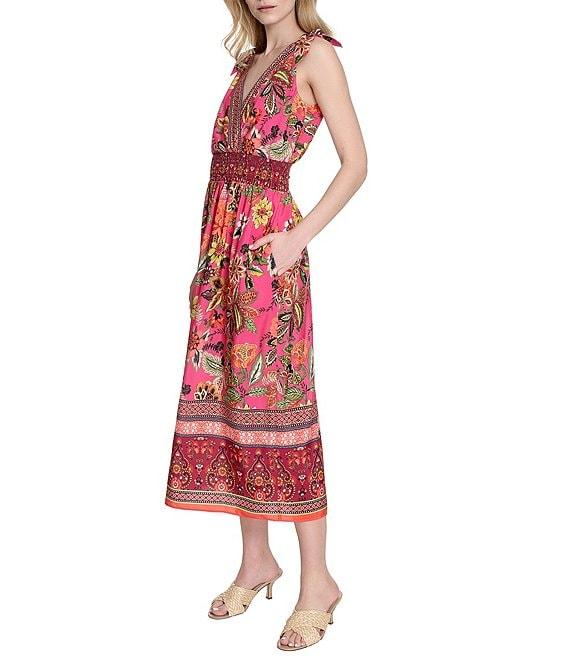 Eliza J V-neck Bow Shoulder Floral Print Smocked Waist Midi Dress Product Image