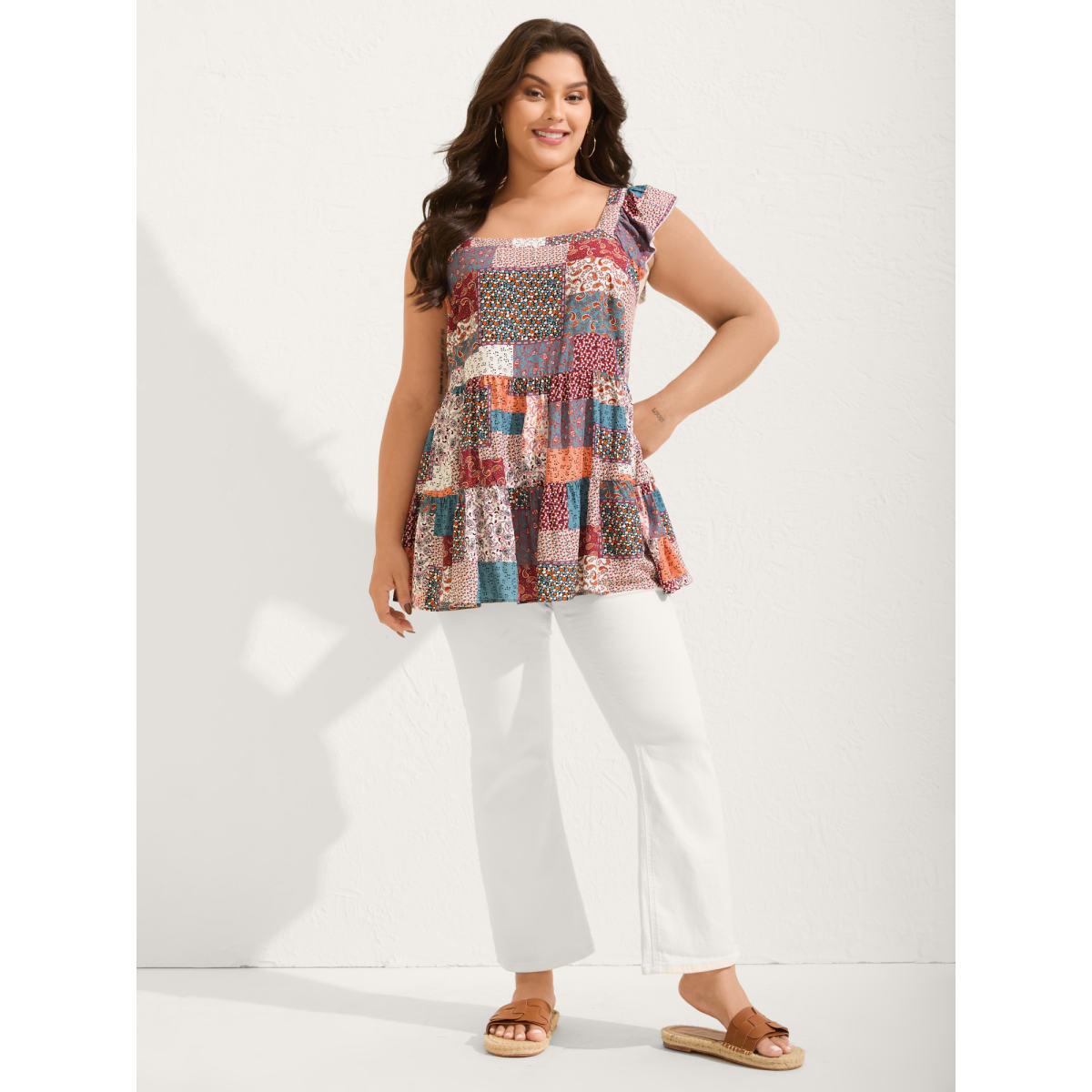 Plus Size Floral Collage Print Layered Tank Top Women Aegean Boho Gathered Square Neck Vacation Tank Tops Camis BloomChic 26/4X Product Image