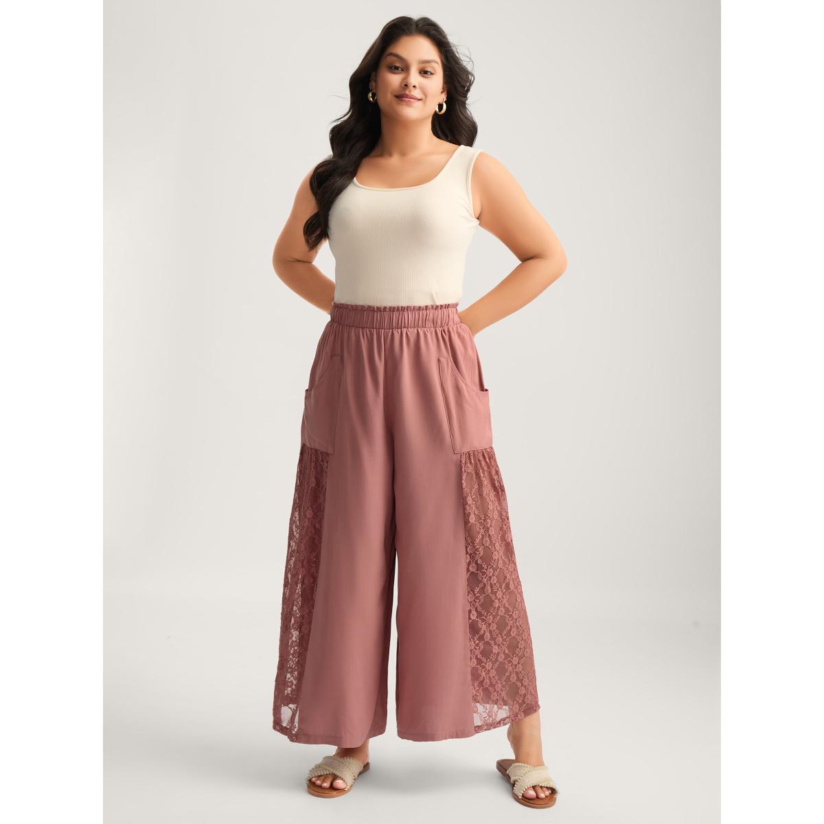 Plus Size Lace Detail Stretchy Waist Wide-Leg Pants Women Rouge Resort Wide Leg Mid Rise Vacation Pants BloomChic 14-16/1X Product Image