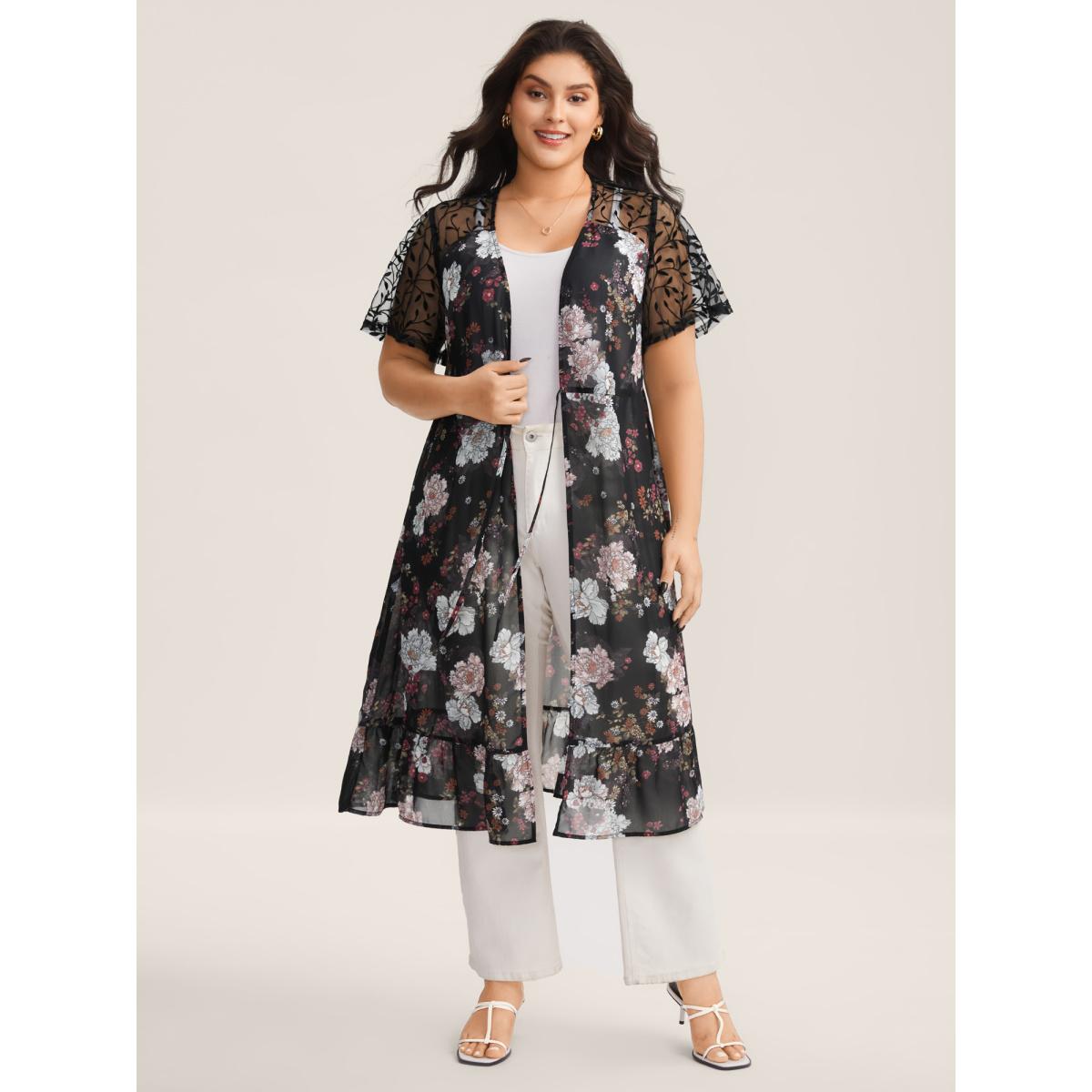 Plus Size Chiffon Floral Front Mid Tie Kimono Women Black Tie knot Bodycon Everyday-Elegant Kimonos BloomChic 18-20/2X Product Image