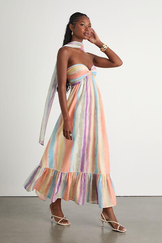 Kelia Peach Multi Striped Midi Dress and Scarf Set Product Image