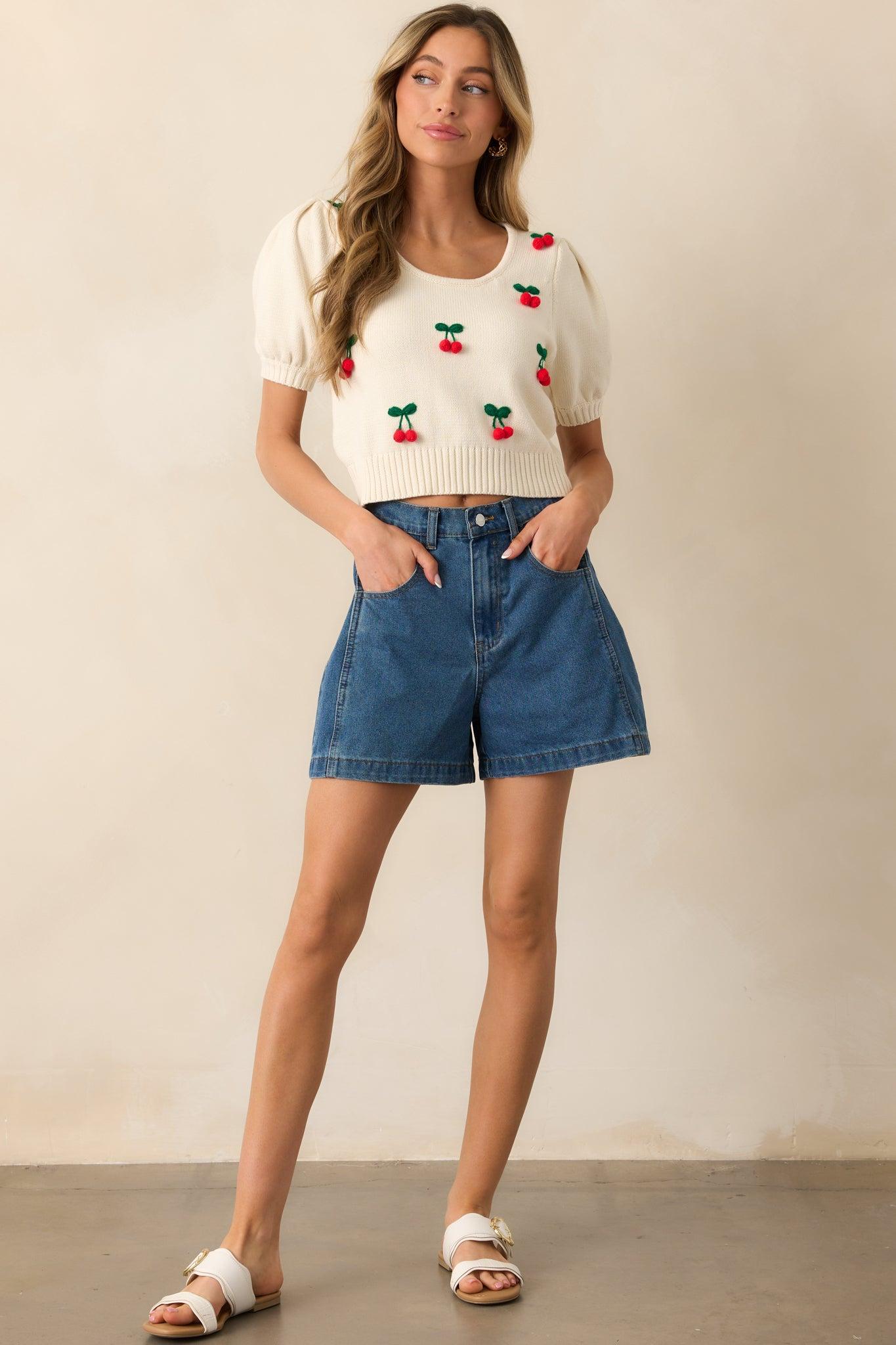 Doing It My Way Dark Wash Cotton High Waisted Denim Shorts Product Image