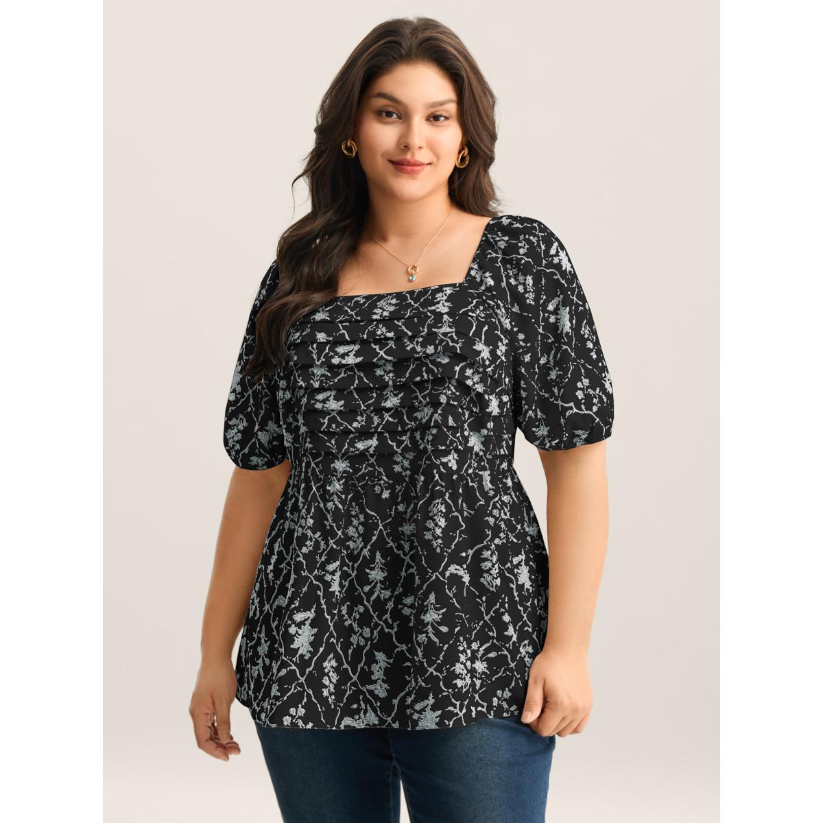 Plus Size Black Floral Pleated Bodice Puffy Sleeve Blouse Women Half Sleeve Square Neck Everyday-Elegant Blouses BloomChic 18-20/2X Product Image