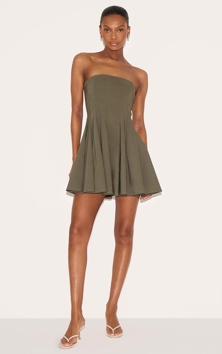 Khaki Stretch Woven Bandeau Pleated Shift Dress Product Image