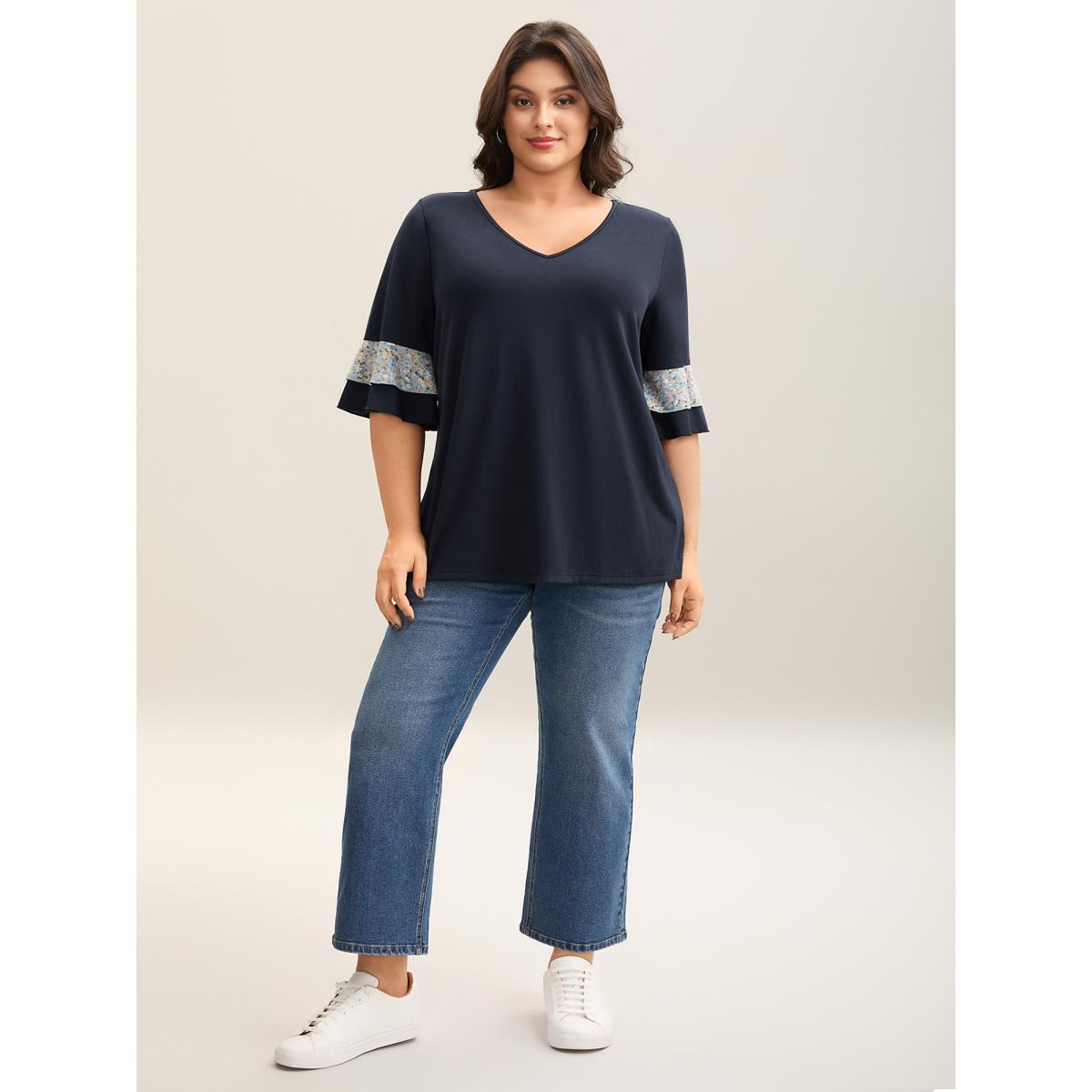 Plus Size Sleeve Spliced V-Neck Fitted T-Shirt Indigo Women Leisure Contrast V-neck Casual T-shirts BloomChic 10/M Product Image