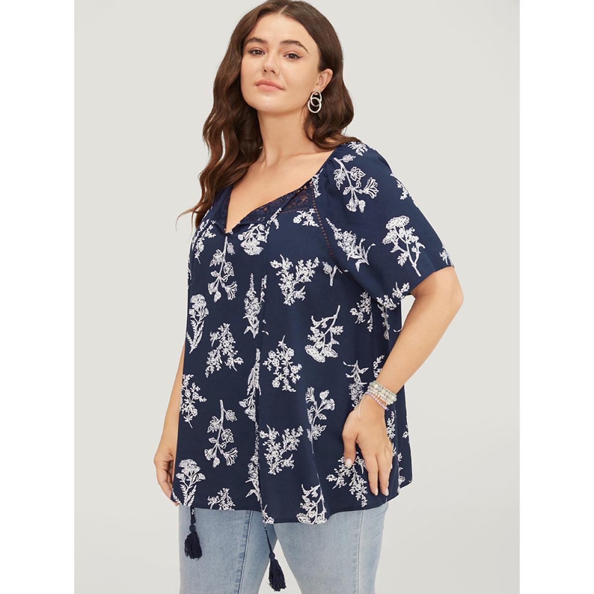 Plus Size Indigo Floral Tassels Tie Neck Contrast Lace Blouse Women Elegant Short sleeve Tie Neck Dailywear Blouses BloomChic 28/5X Product Image