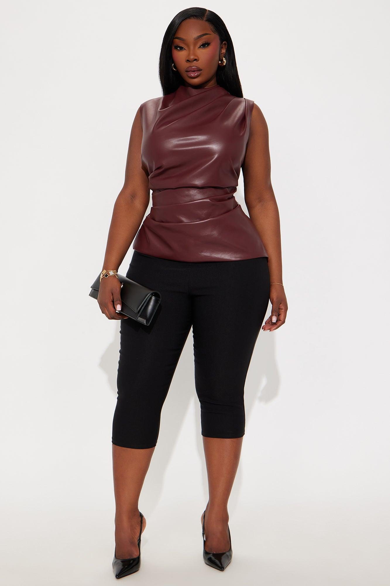 Estelle Faux Leather Mock Neck Top - Burgundy Female Product Image