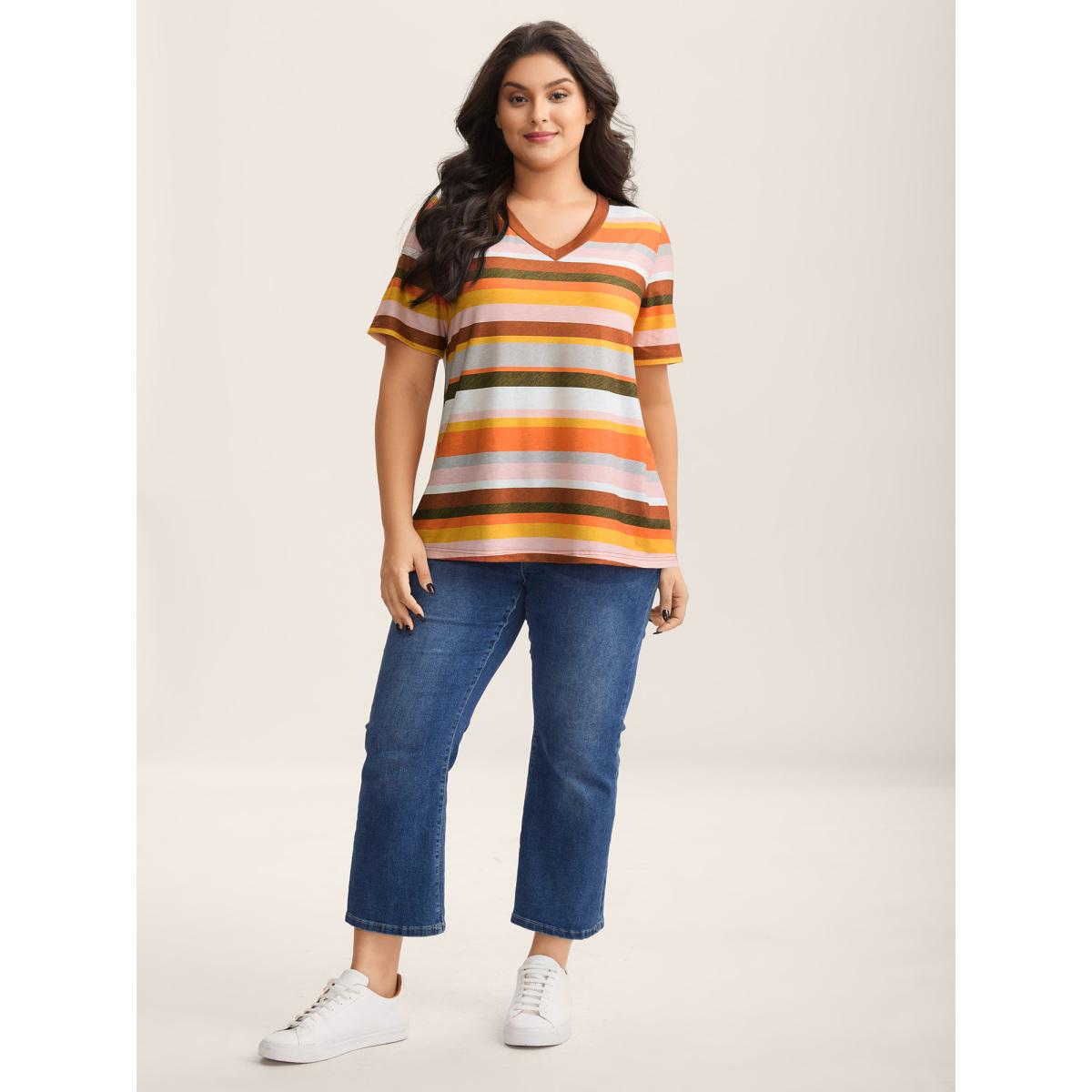 Plus Size Bamboo Stretchy Colorful Stripes T-Shirt Multicolor Women Playful Contrast V-neck Casual T-shirts BloomChic 10/M Product Image