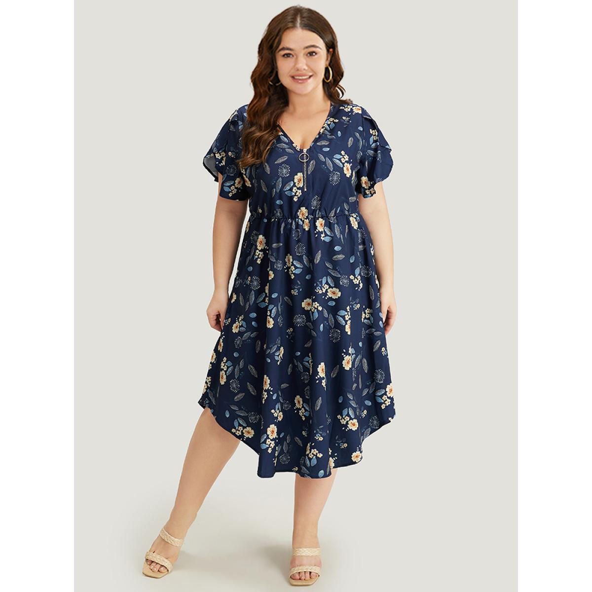 Plus Size Floral Arc Hem Pocket Split Petal Sleeve Zip Up Dress Navy Women Office Lined V-neck Short sleeve Curvy Midi Dress BloomChic 26/4X Product Image