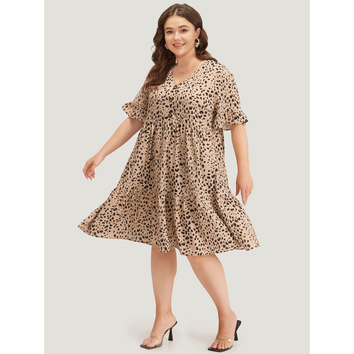 Plus Size Leopard Print Bell Sleeve Button Up Ruffle Layered Hem Dress Leopard Women Elegant Button V-neck Half Sleeve Curvy Knee Dress BloomChic 22-24/3X Product Image