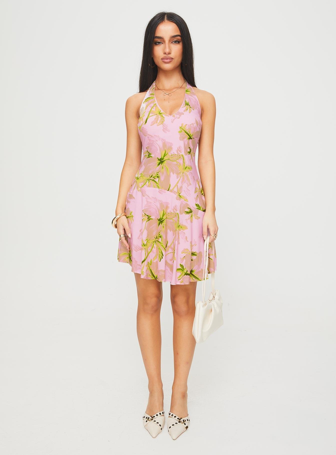 Alcedo Halter Mini Dress Pink / Green Product Image