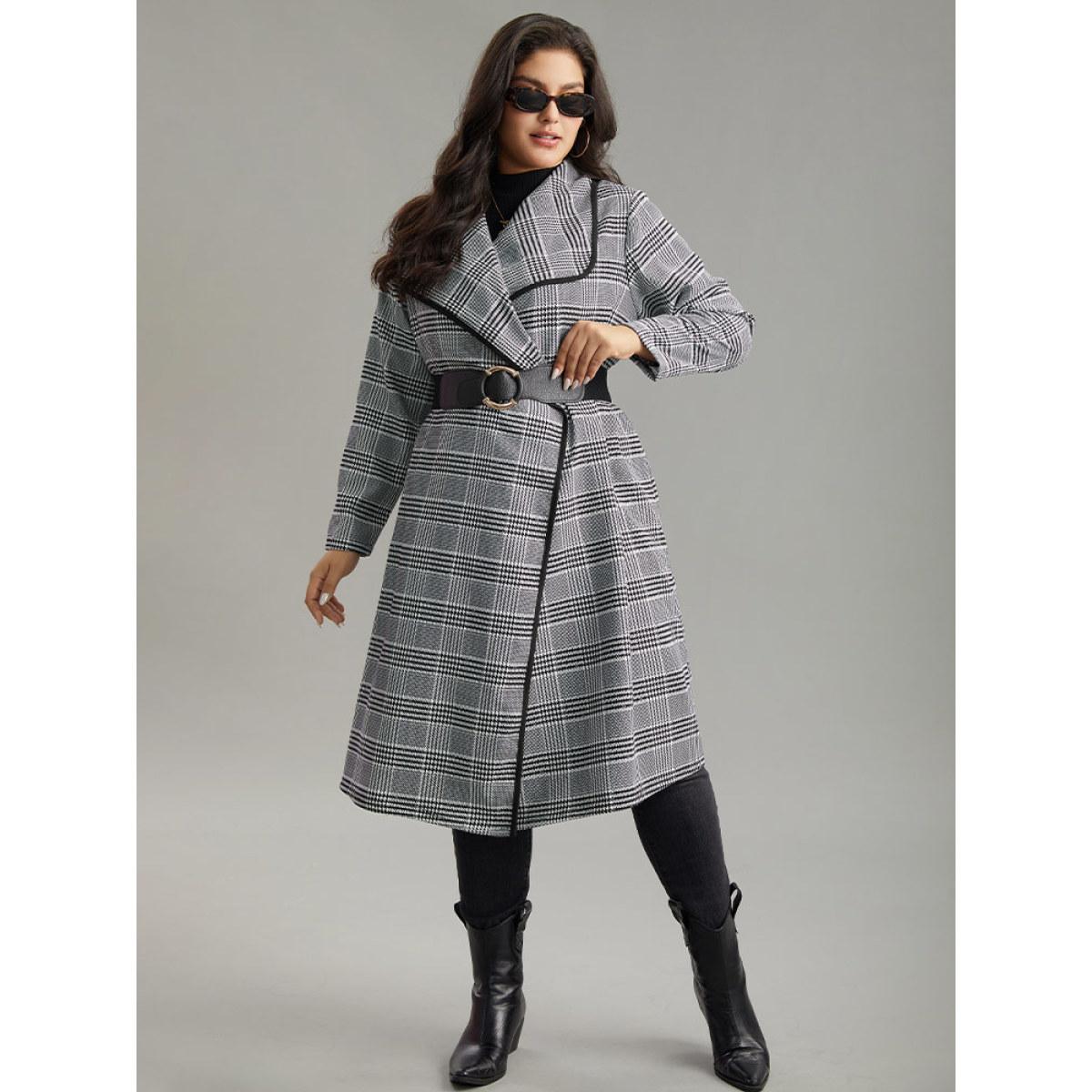 Plus Size Plaid Asymmetrical Neck Open Front Coat Women Black At the Office Contrast Ladies Work Winter Coats BloomChic 22-24/3X Product Image