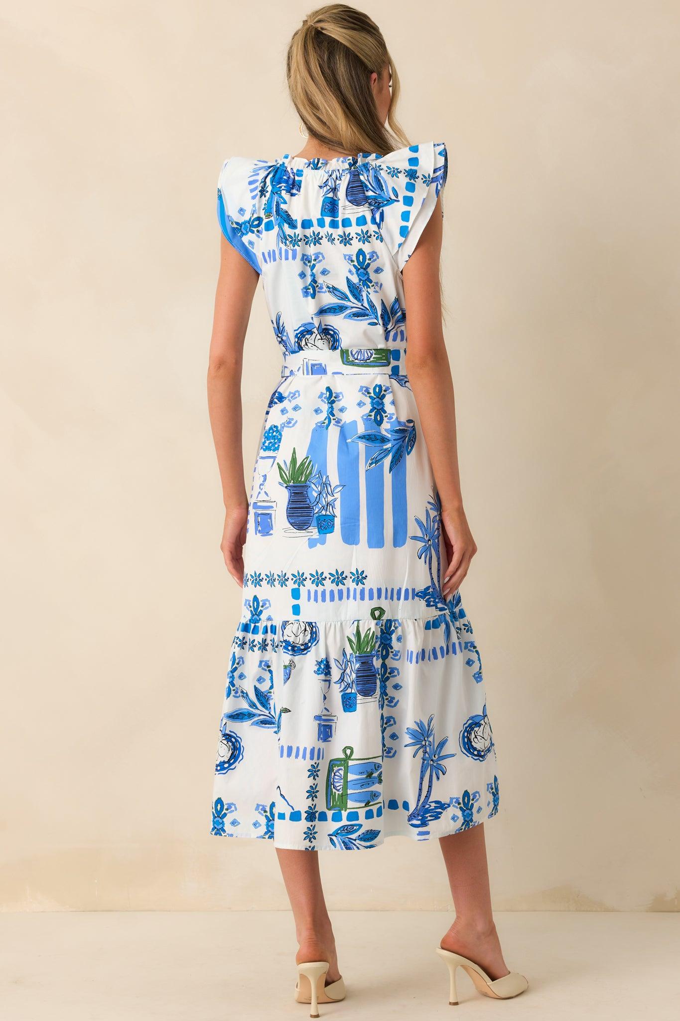 You're Glowing Blue Tropical Print Cotton Button Front Maxi Dress Product Image