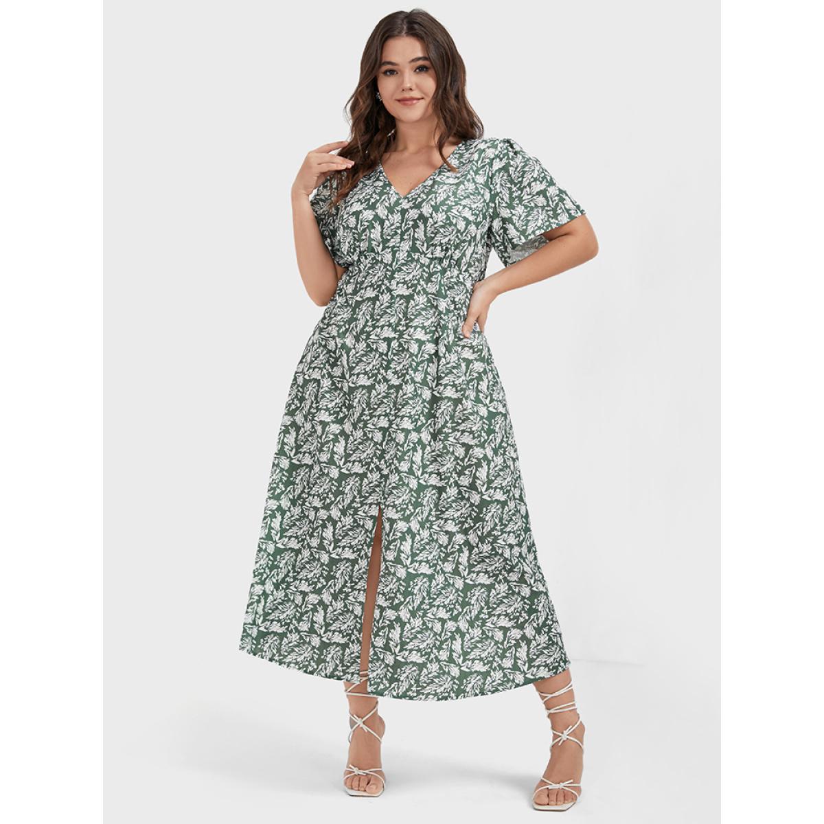 Plus Size Plants Printed V Neck Ruffles Split Midi Dress Green Women Casual Square Neck Short sleeve Curvy Midi Dress BloomChic 30/6X Product Image