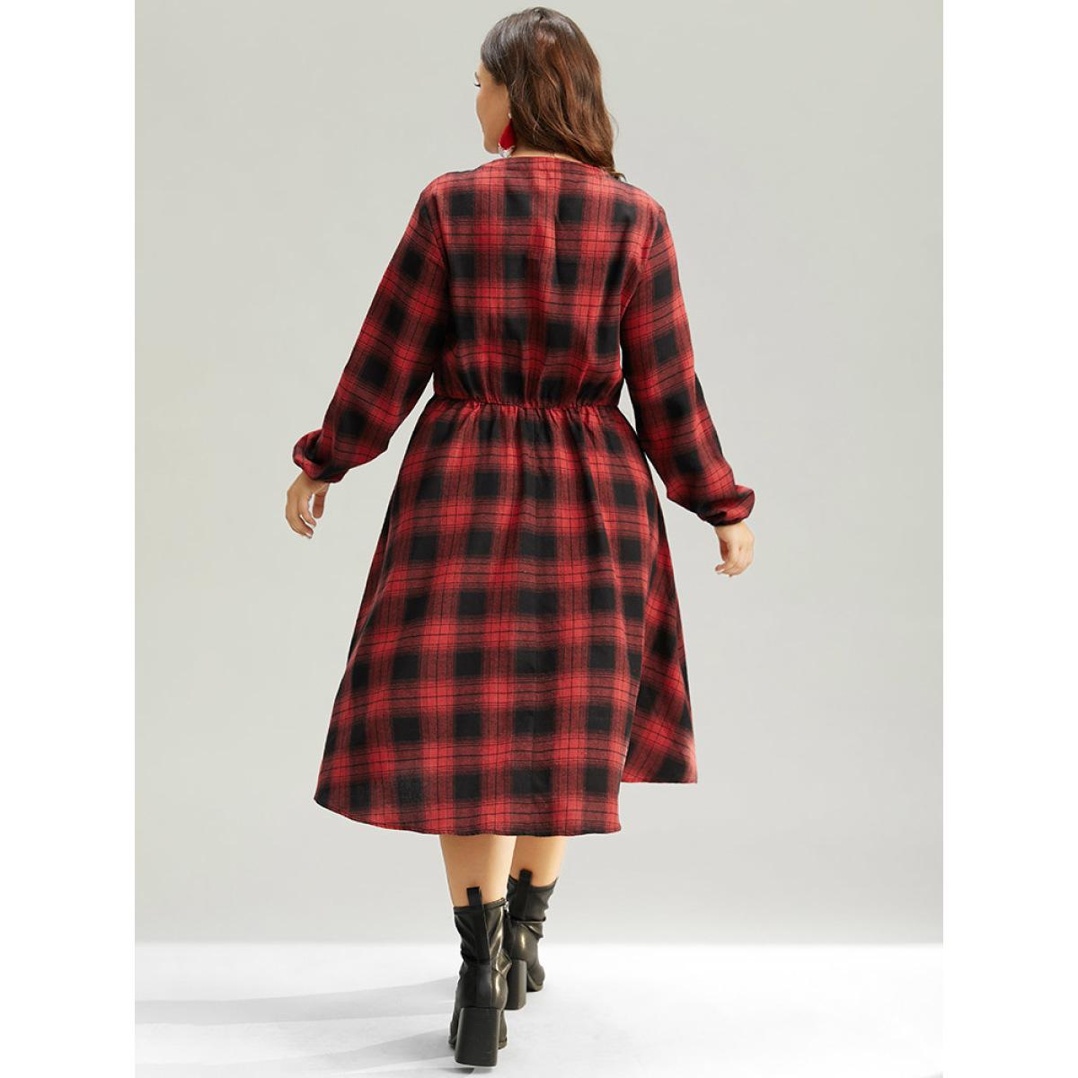 Plus Size Plaid Lace Up PU Leather Notched Dress Raspberry Women Elegant Elastic cuffs Notched collar Long Sleeve Curvy Midi Dress BloomChic 12/L Product Image