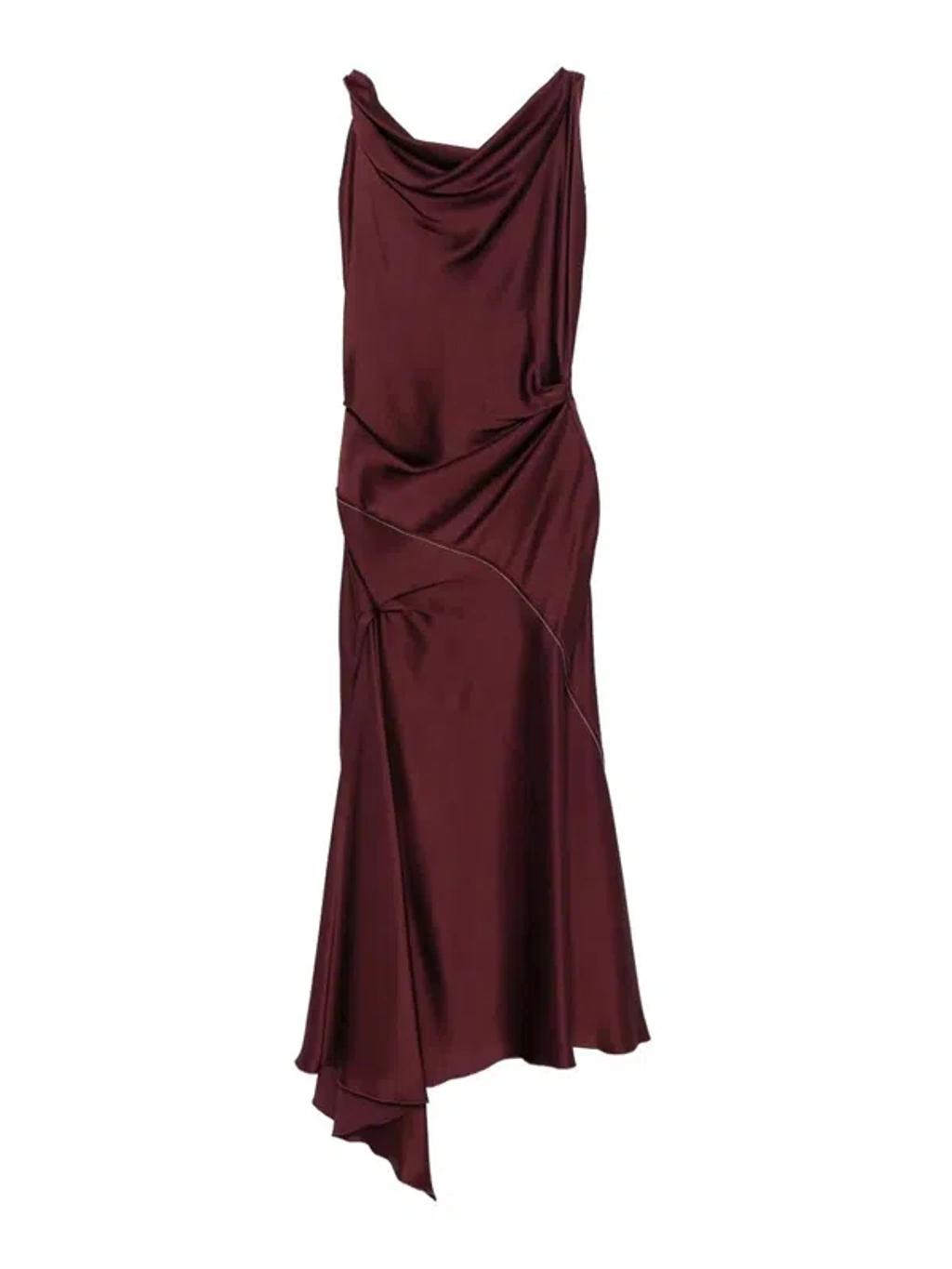 VICTORIA BECKHAM Asymmetric Draped Sleeveless Satin Midi Dress In Burgundy Product Image
