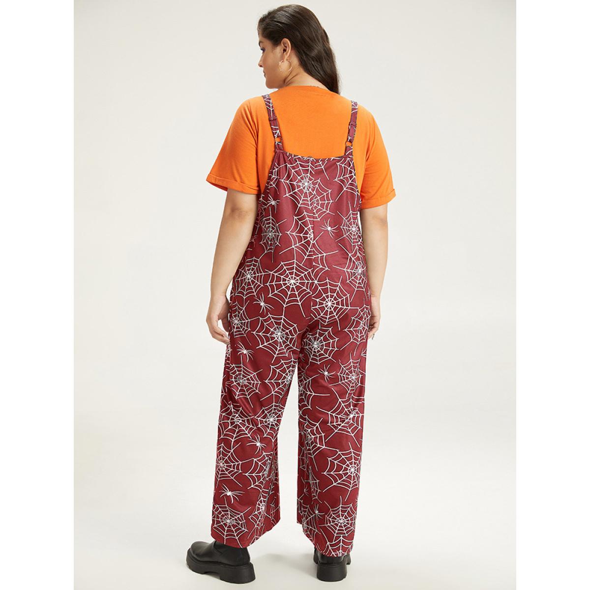 Plus Size DarkGreen Halloween Spider Web Print Pocket Overall Cami Jumpsuit Women Casual Sleeveless Spaghetti Strap Festival-Halloween Loose Jumpsuits BloomChic 22-24/3X Product Image