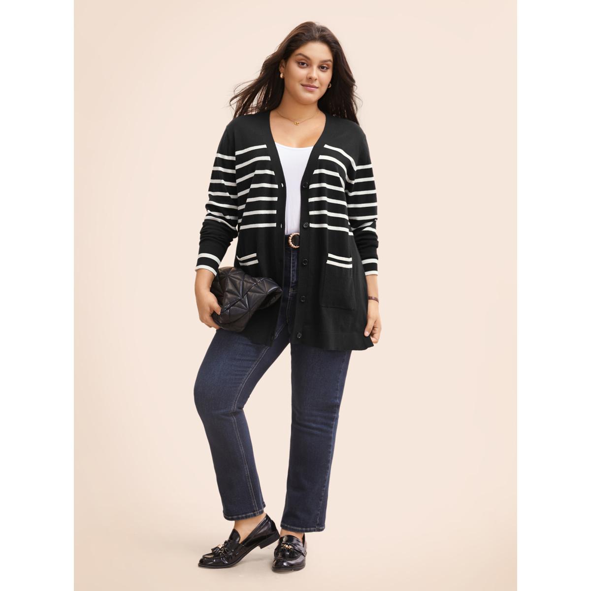 Plus Size Striped V Neck Button Up Pocket Cardigan Black Women Casual Loose Long Sleeve Everyday Cardigans BloomChic 22-24/3X Product Image