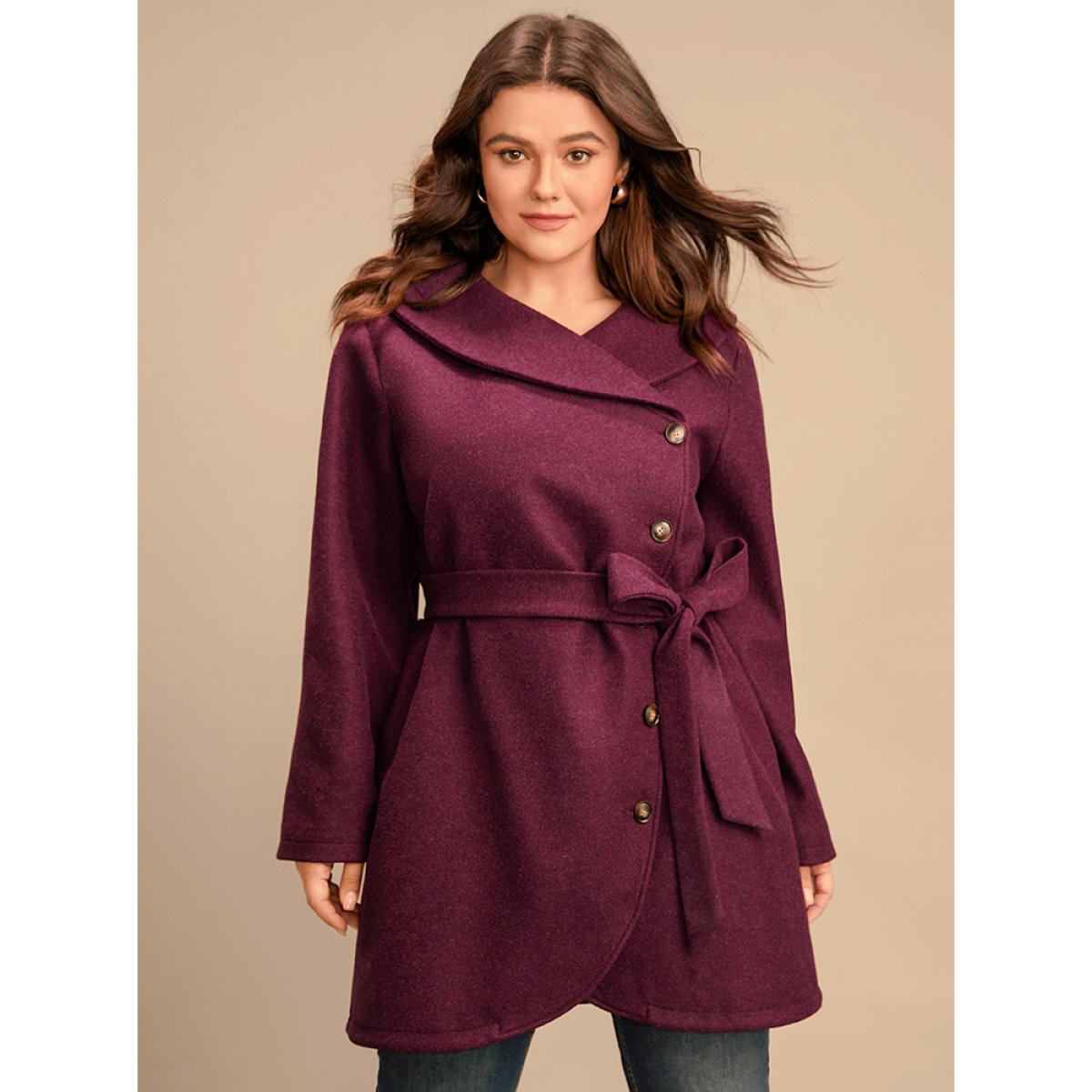 Plus Size Solid Foldover Collar Pocket Asymmetrical Hem Belted Coat Women Burgundy Elegant Cross straps Ladies Dailywear Winter Coats BloomChic 28/5X Product Image