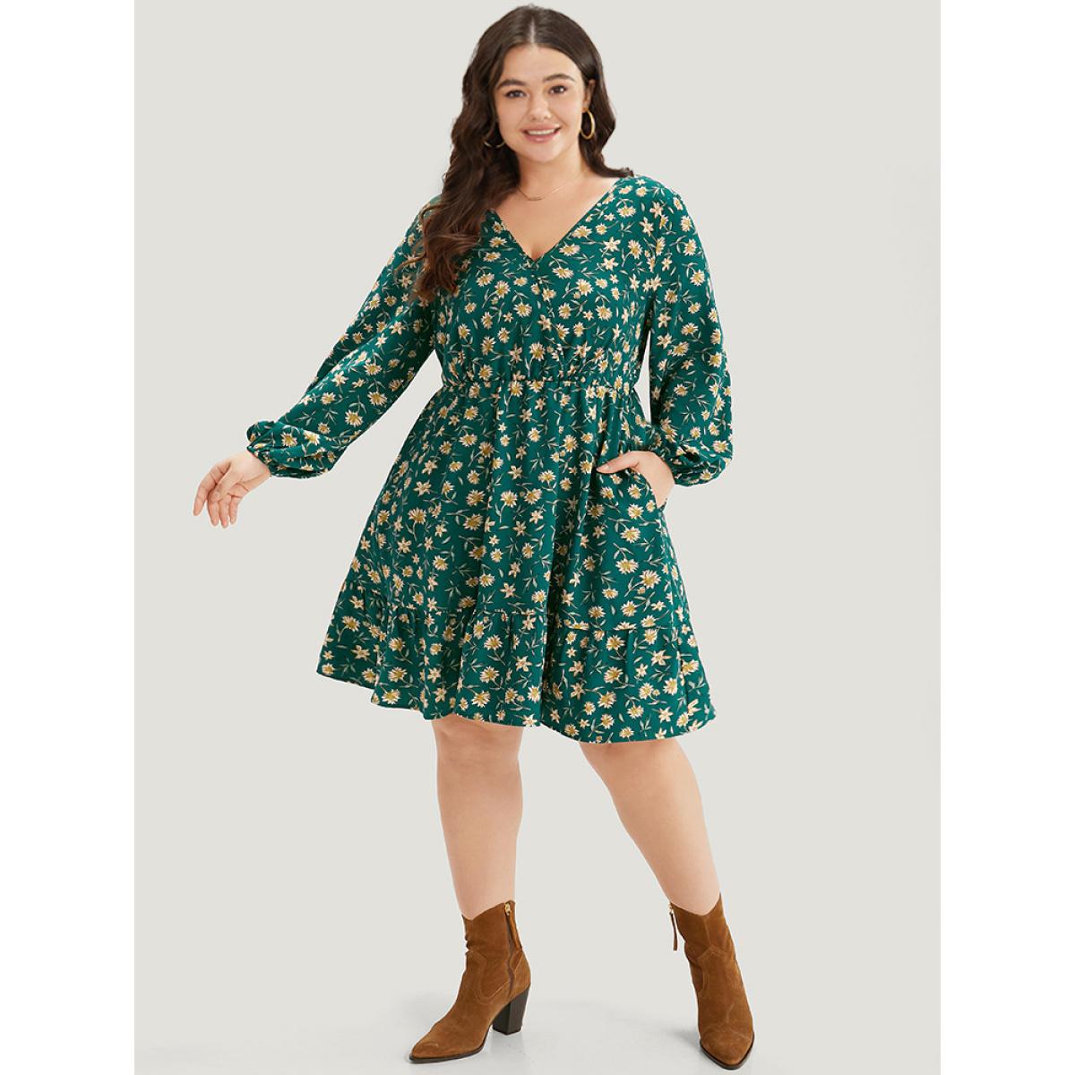 Plus Size Floral Print Surplice Neck Elastic Cuffs Dress Teal Women Elegant Elastic cuffs V-neck Long Sleeve Curvy Midi Dress BloomChic 18-20/2X Product Image
