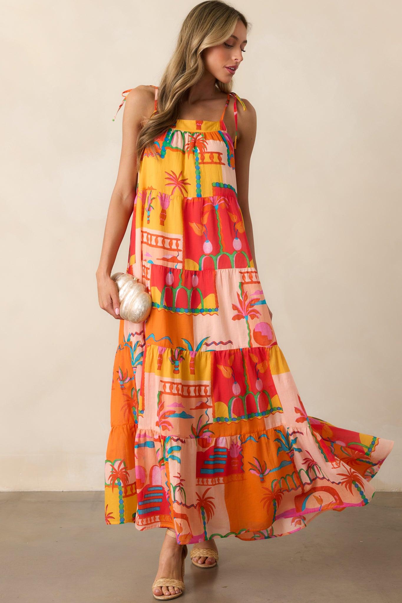 Seaside Soiree Orange Tropical Print Cotton Maxi Dress Product Image