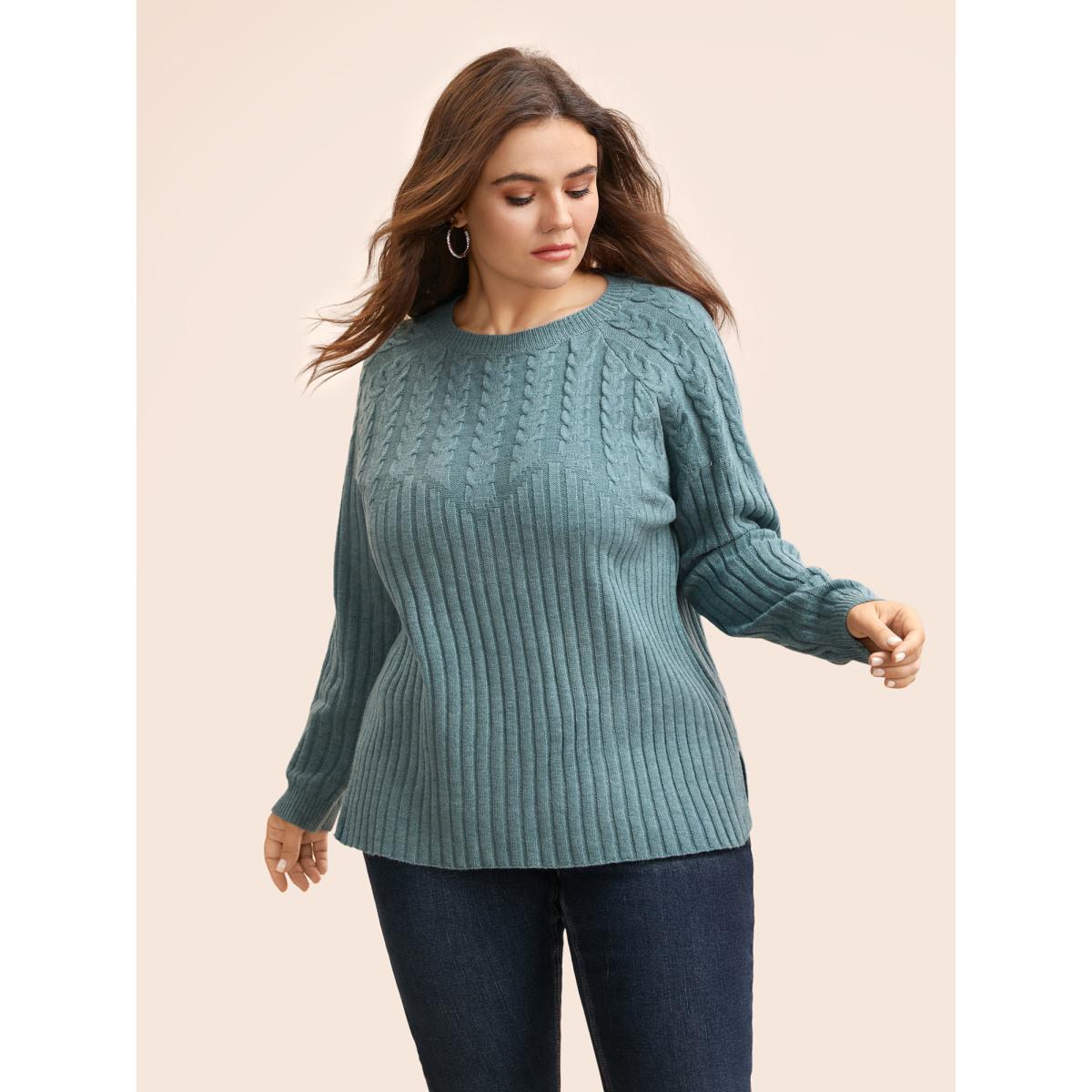 Plus Size Solid Cable Knit Raglan Sleeve Pullover SlateGray Women Casual Long Sleeve Round Neck Everyday Pullovers BloomChic 14-16/1X Product Image
