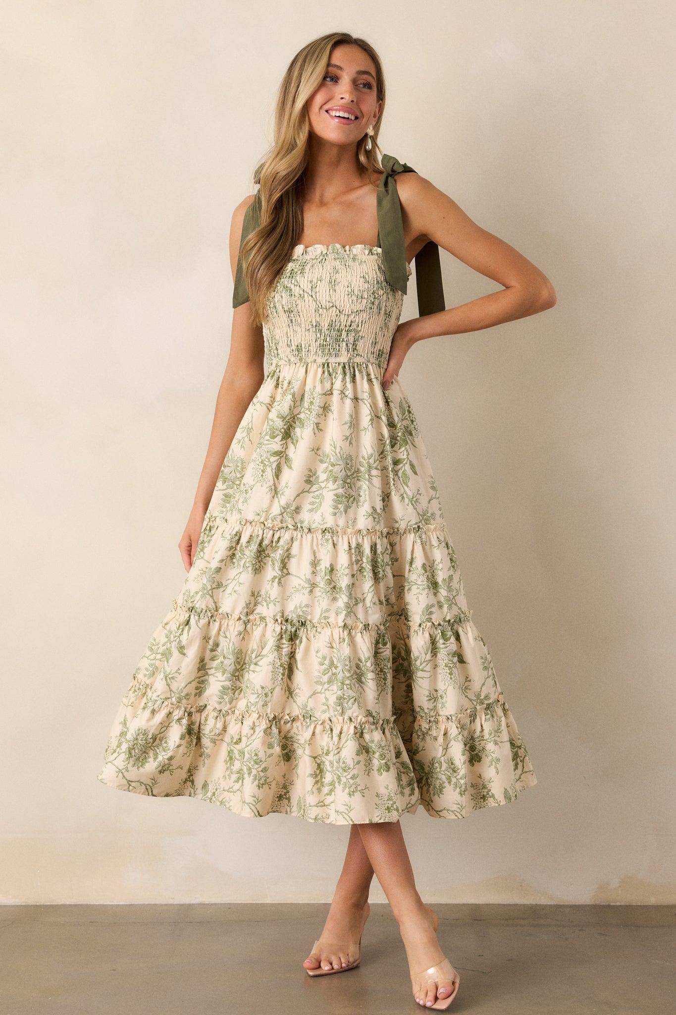 Wildflower Whisper 100% Cotton Ivory Green Floral Midi Dress Product Image