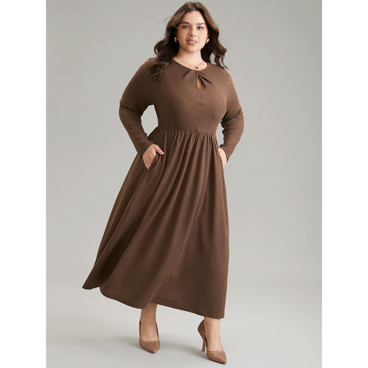 Plus Size Plain Keyhole Elastic Waist Twist Front Dress DarkBrown Women Office Plain Keyhole Cut-Out Long Sleeve Curvy Midi Dress BloomChic 22-24/3X Product Image