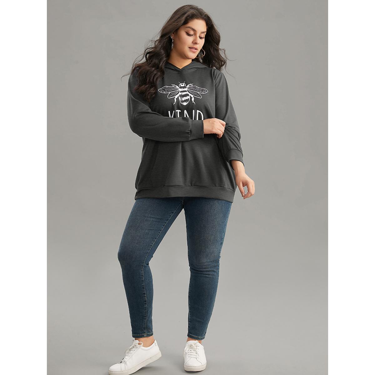 Plus Size Bee Print Hooded Kangaroo Pocket Sweatshirt Women DarkGray Casual Printed Everyday Sweatshirts BloomChic 14-16/1X Product Image