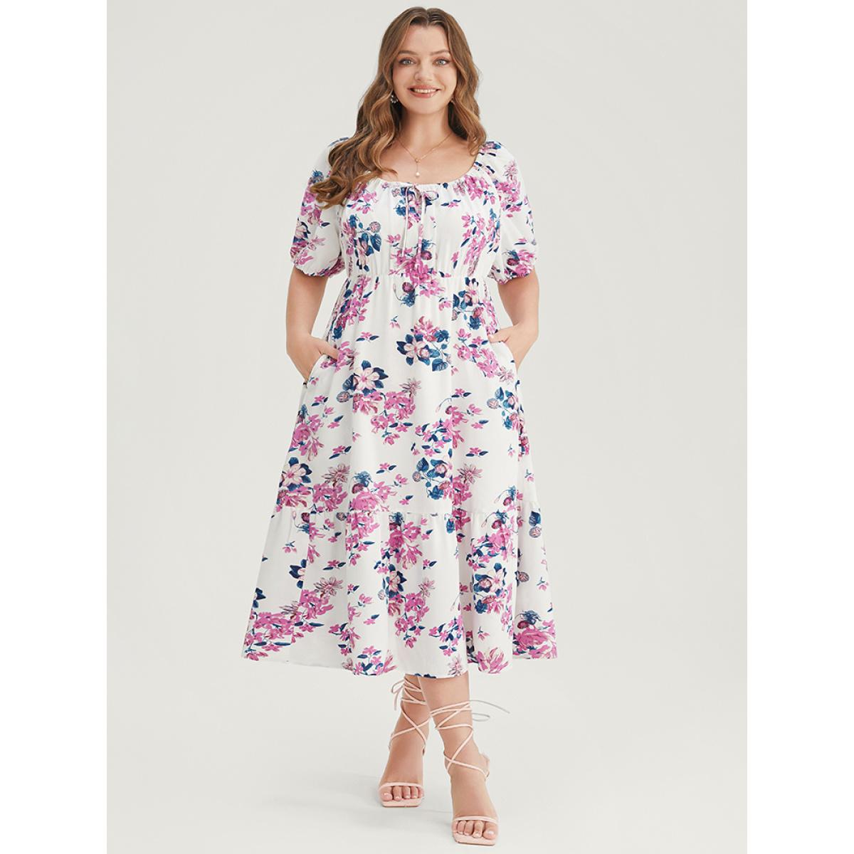 Plus Size Floral Puff Sleeve Pocket Knot Front Scoop Neck Flutter Dress White Women Elegant Lined Scoop Neck Short sleeve Curvy Midi Dress BloomChic 18-20/2X Product Image