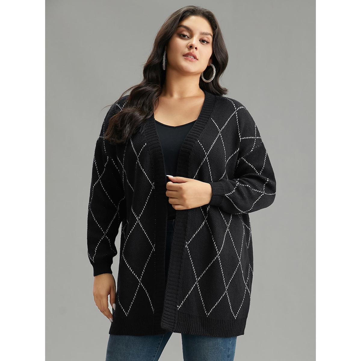 Plus Size Sparkly Plaid Open Front Cardigan Black Women Casual Loose Long Sleeve Dailywear Cardigans BloomChic 18-20/2X Product Image