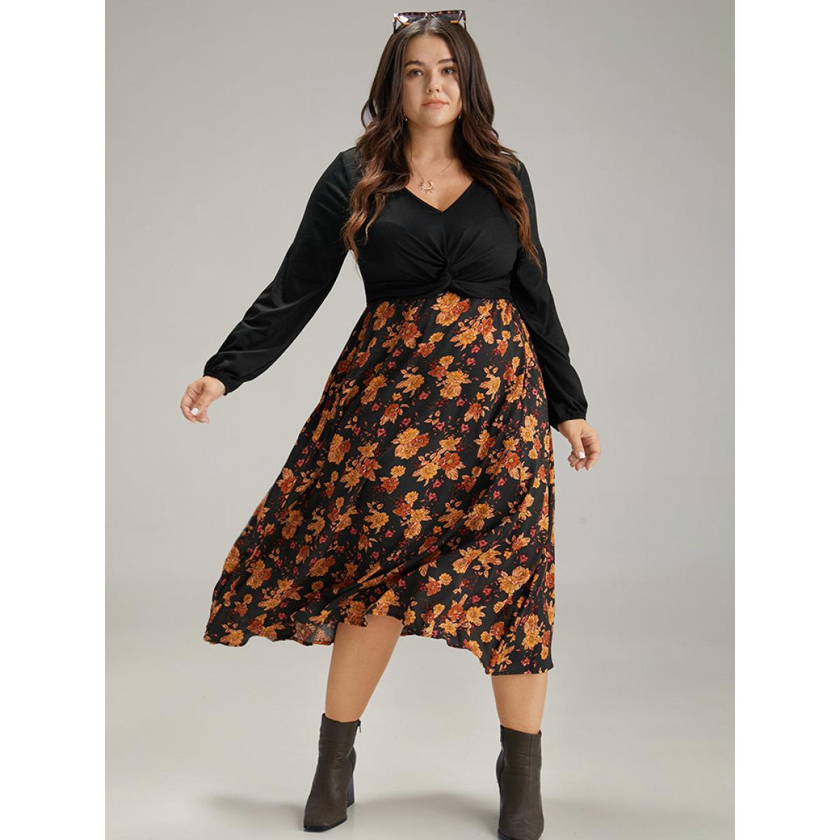 Plus Size Supersoft Essentials Floral Patchwork Twist Front Dress Black Women Elegant Elastic cuffs V-neck Long Sleeve Curvy Midi Dress BloomChic 28/5X Product Image