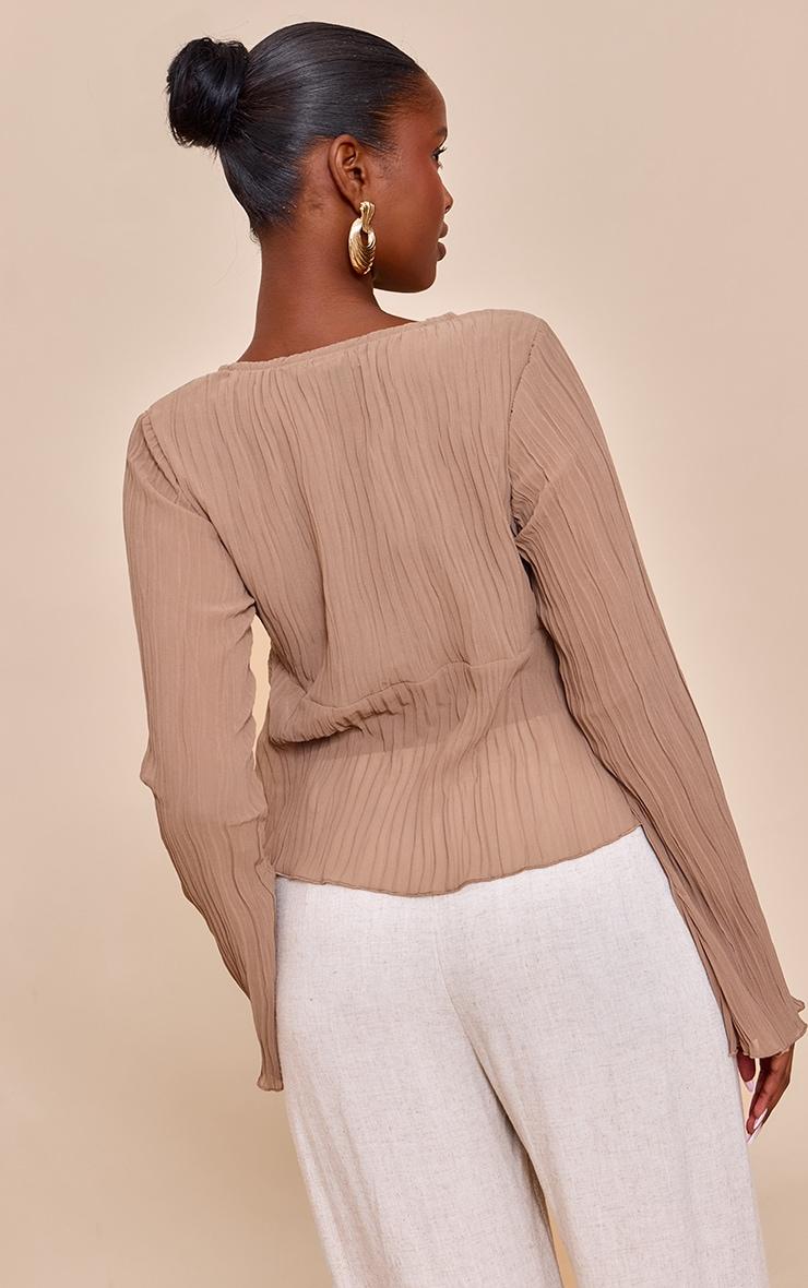Mushroom Sheer Plisse Tie Front Flute Sleeve Blouse Product Image