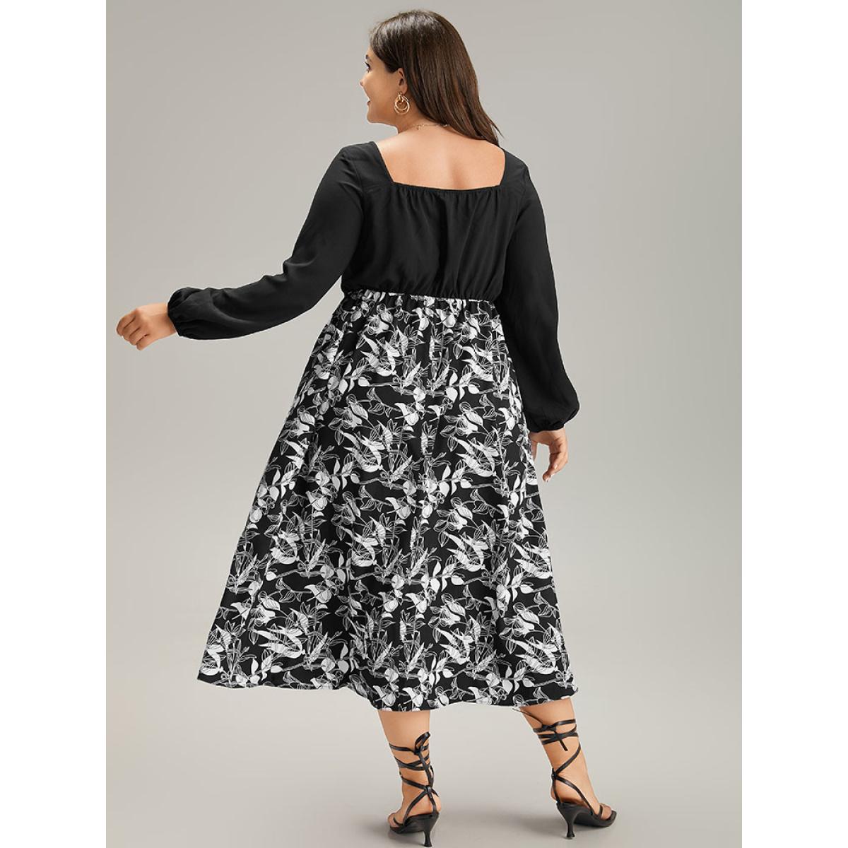 Plus Size Floral Print Ruched Bowknot Patchwork Dress Black Women Elegant Elastic cuffs Square Neck Long Sleeve Curvy Midi Dress BloomChic 18-20/2X Product Image