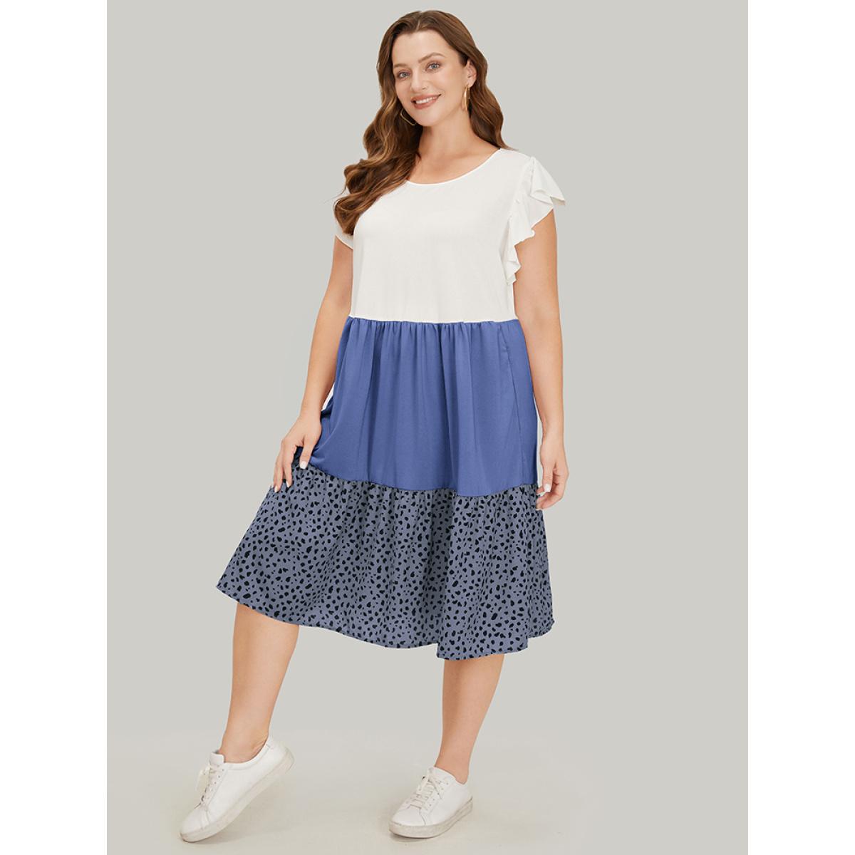 Plus Size Leopard Contrast Ruffle Trim Pocket Layered Hem Dress Stone Women Casual Patchwork Round Neck Cap Sleeve Curvy Midi Dress BloomChic 18-20/2X Product Image