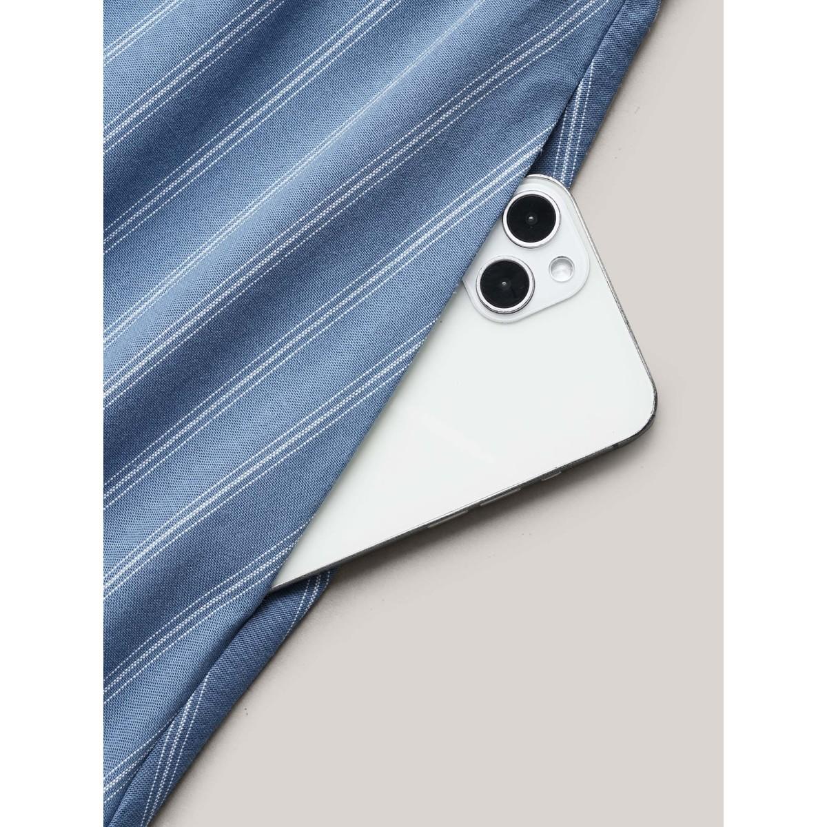 Plus Size Striped Surplice Neckline Shirred Midi Dress Stone Women Casual Shirred Overlap Collar Short sleeve Curvy BloomChic 28/5X Product Image