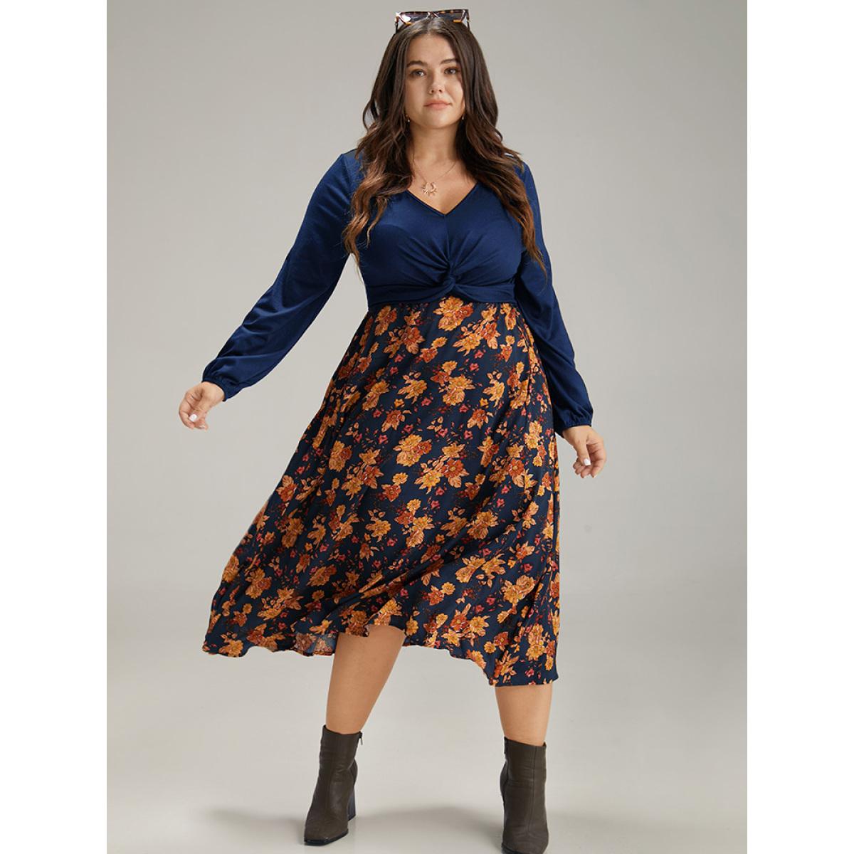 Plus Size Supersoft Essentials Floral Patchwork Twist Front Dress DarkBlue Women Elegant Elastic cuffs V-neck Long Sleeve Curvy Midi Dress BloomChic 12/L Product Image