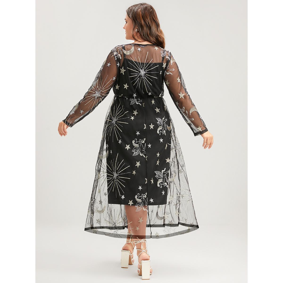 Moon and Star Embroidered Plus Size Women Midi Dress Going out Gathered Long Sleeve Round Neck Party Dresses BloomChic Product Image