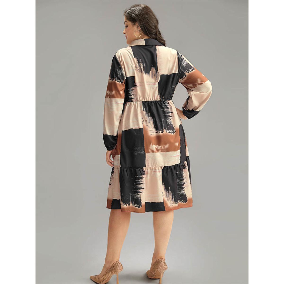 Plus Size Brush Print Contrast Elastic Waist Button Through Dress Multicolor Women Office Elastic cuffs Shirt collar Long Sleeve Curvy Midi Dress BloomChic 12/L Product Image