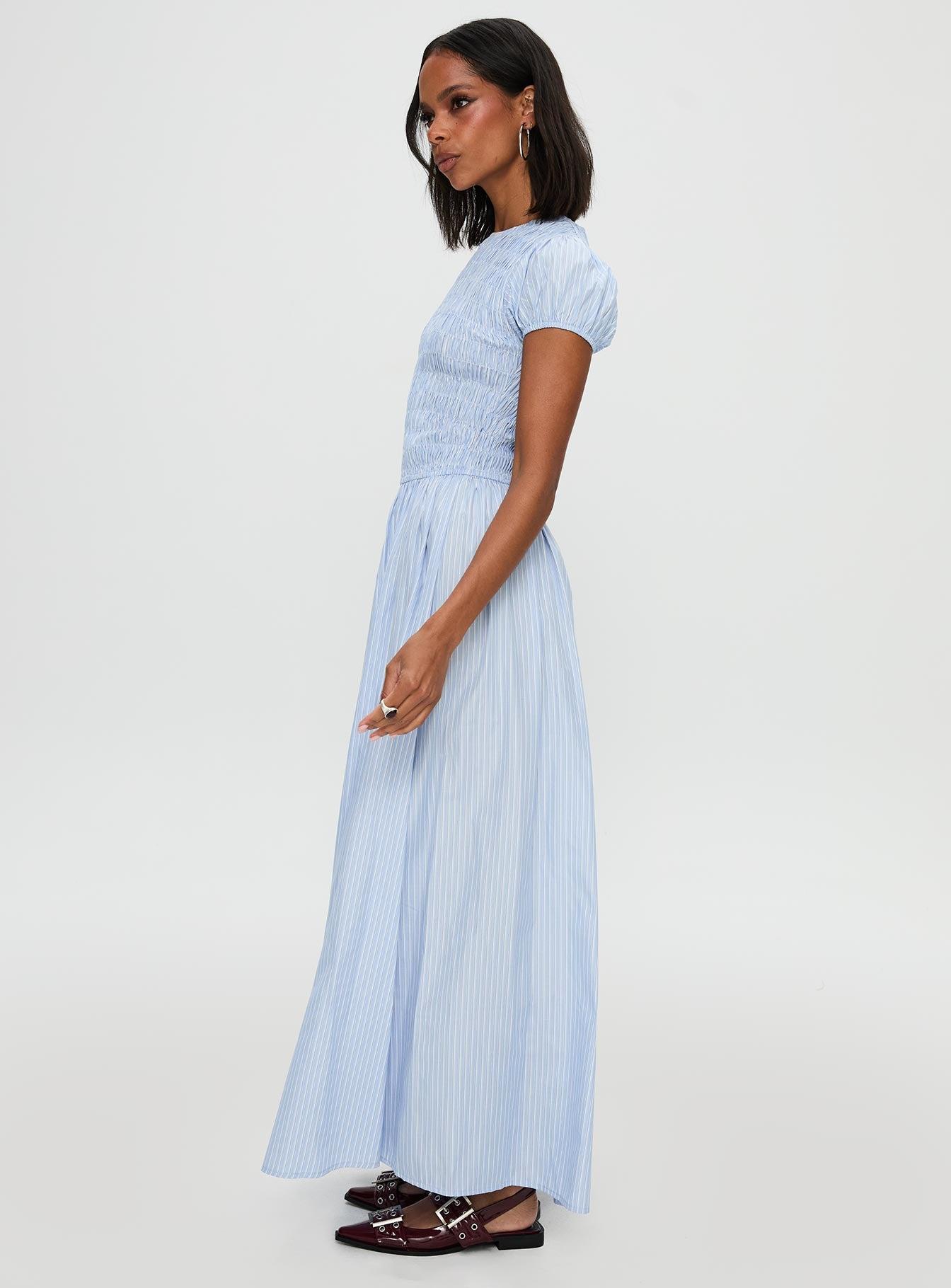 Wendelin Shirred Maxi Dress Blue Stripe Product Image