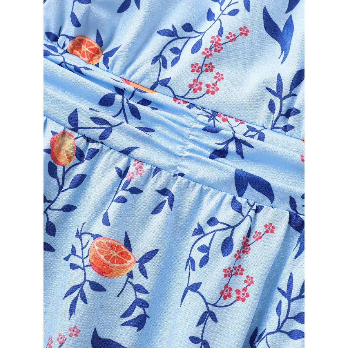 Plus Size Citrus Orange Print Ruched Ruffle Sleeve Dress LightBlue Women Elegant Gathered V-neck Short sleeve Curvy BloomChic 18-20/2X Product Image