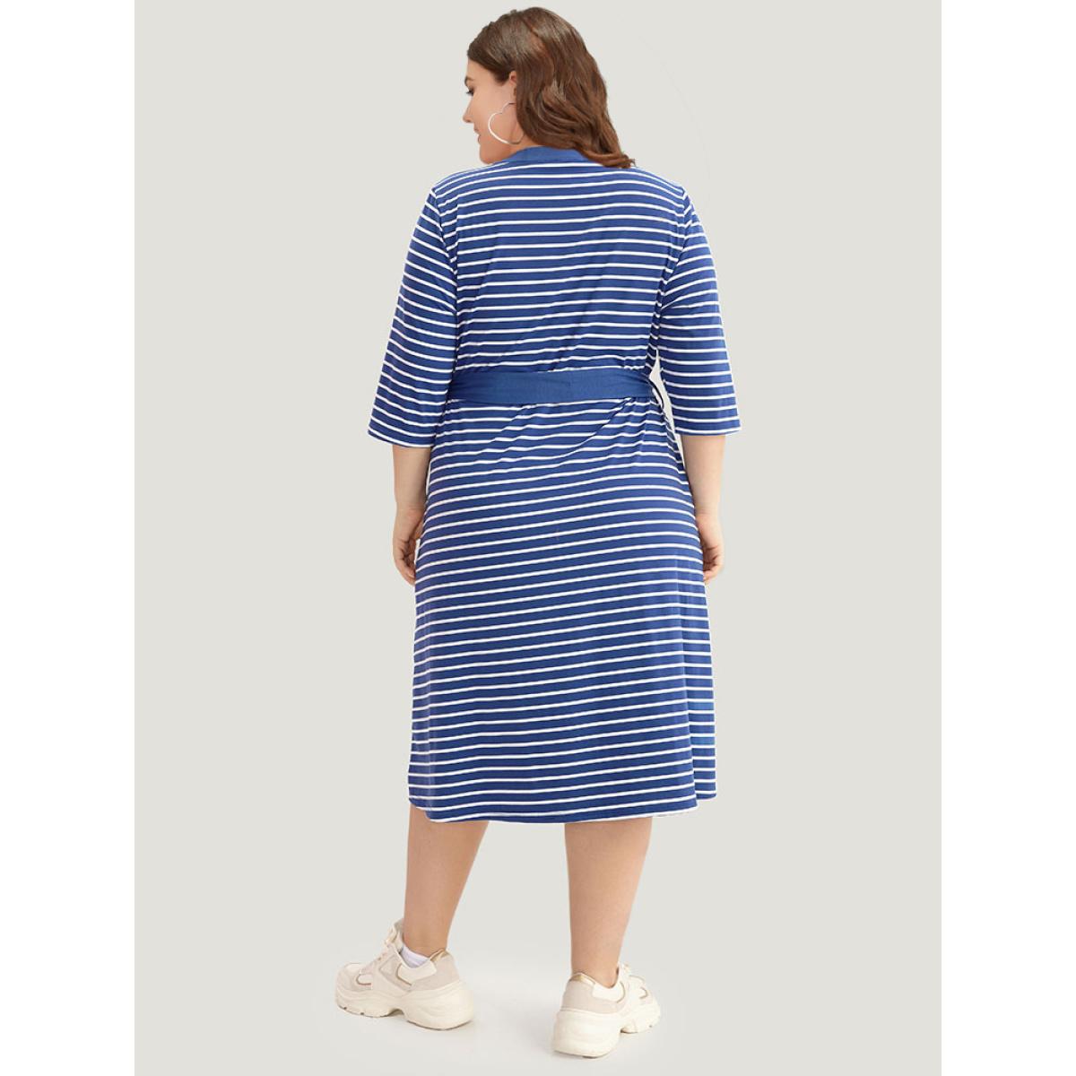 Plus Size Striped Belted Notched Dress Blue Women Casual Belted Notched collar Elbow-length sleeve Curvy Midi Dress BloomChic 28/5X Product Image