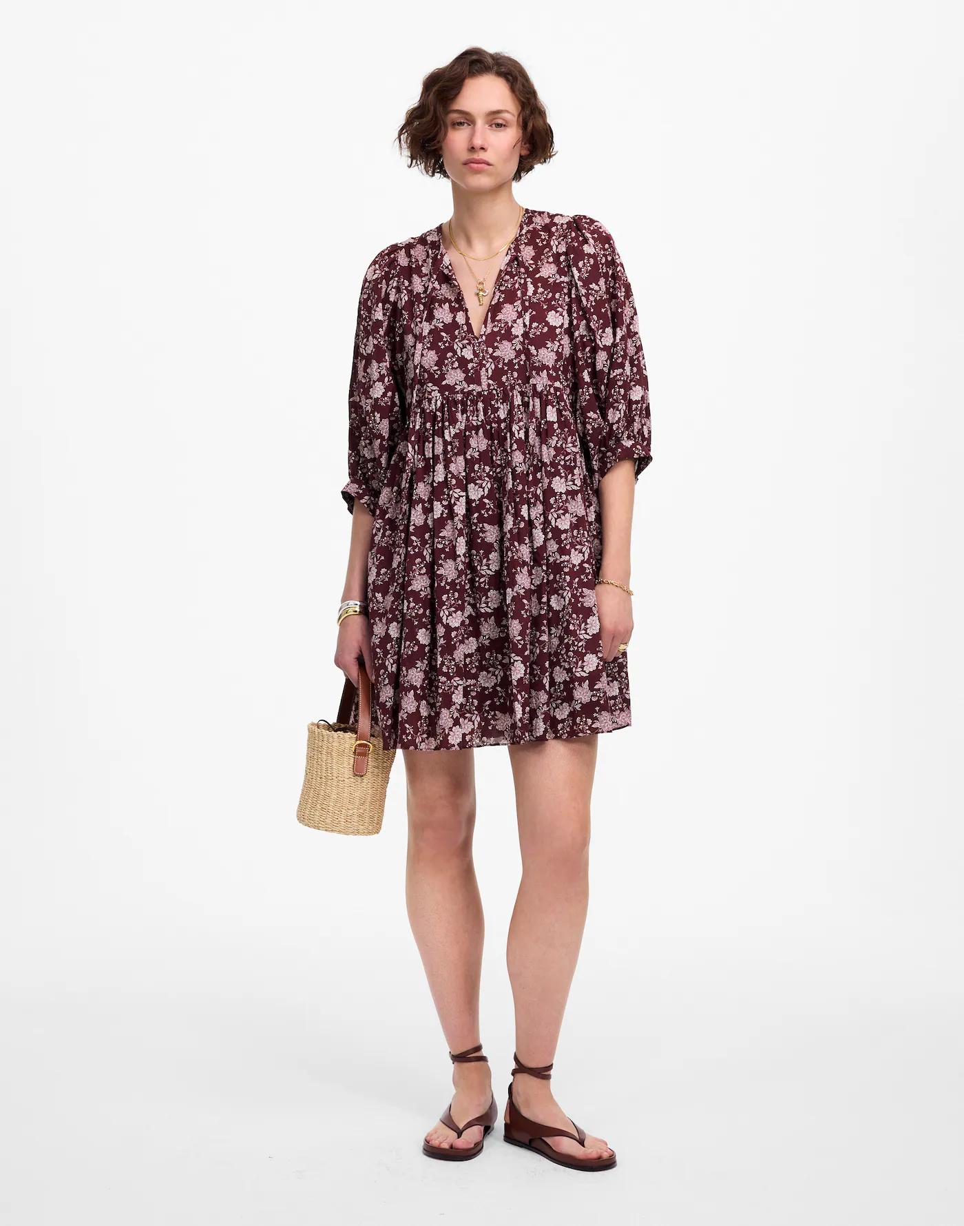 Splitneck Puff-Sleeve Dress in Floral Product Image