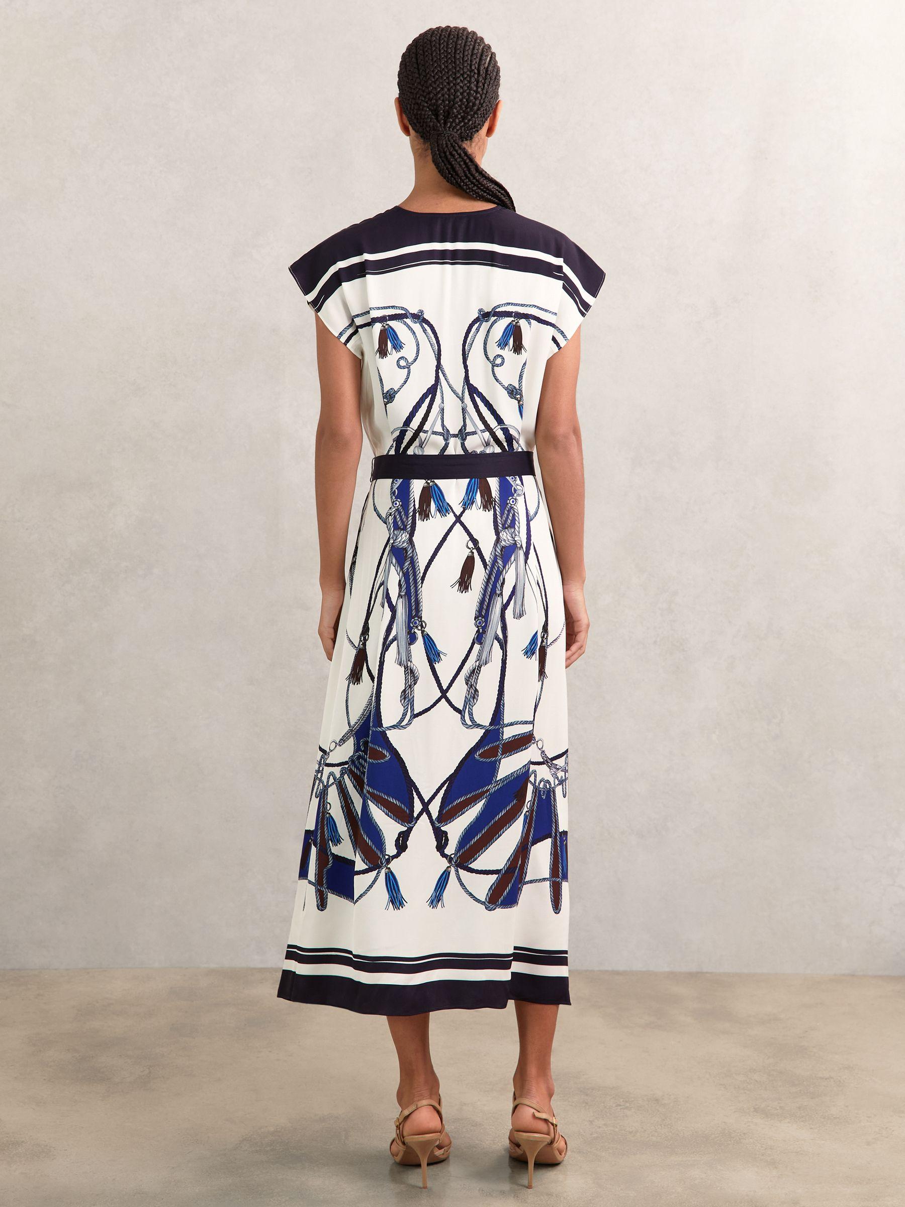 Scarf-Print V-Neck Belted Midi Dress in Blue/Brown Product Image